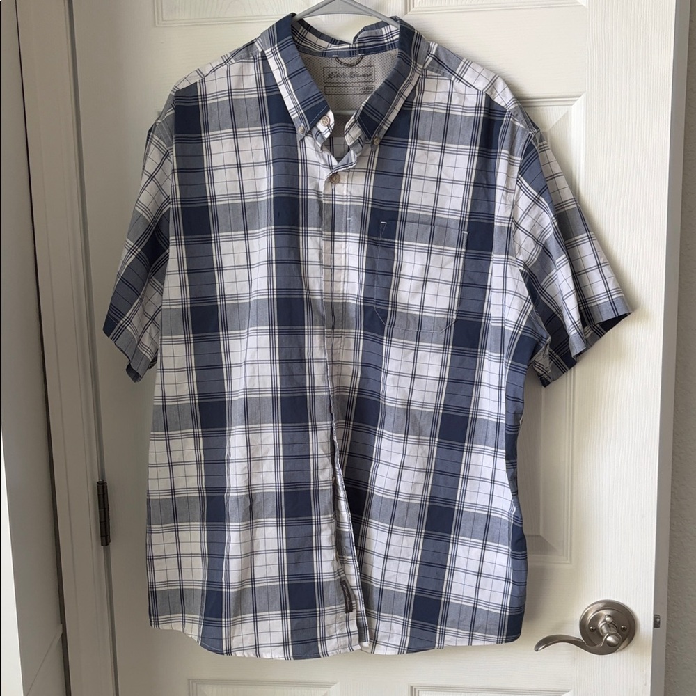 Eddie Bauer Blue and White Plaid Short-Sleeve Button-Down Shirt